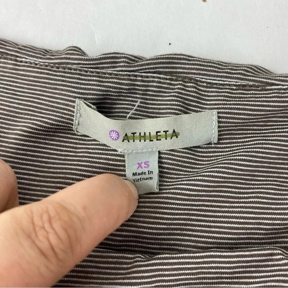 Athleta Womens XS Taupe Striped Tulip Dress Sleeveless Fitted Rouched - Picture 4 of 7